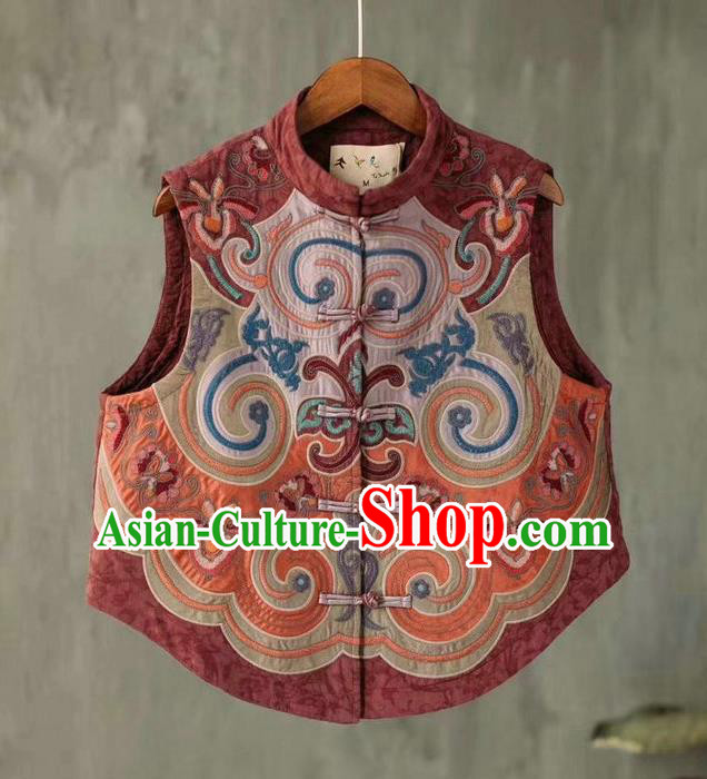 China National Embroidered Purplish Red Waistcoat Women Flax Vest Traditional Tang Suit Upper Outer Garment Clothing