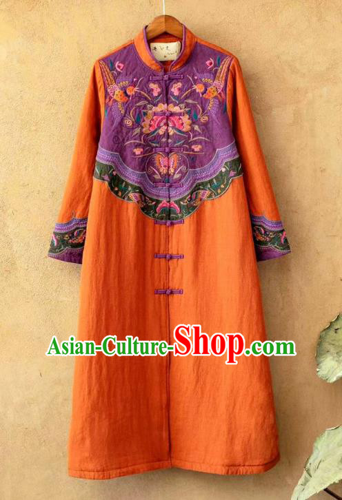 China Tang Suit Women Overcoat National Embroidered Orange Flax Dust Coat Traditional Winter Costume