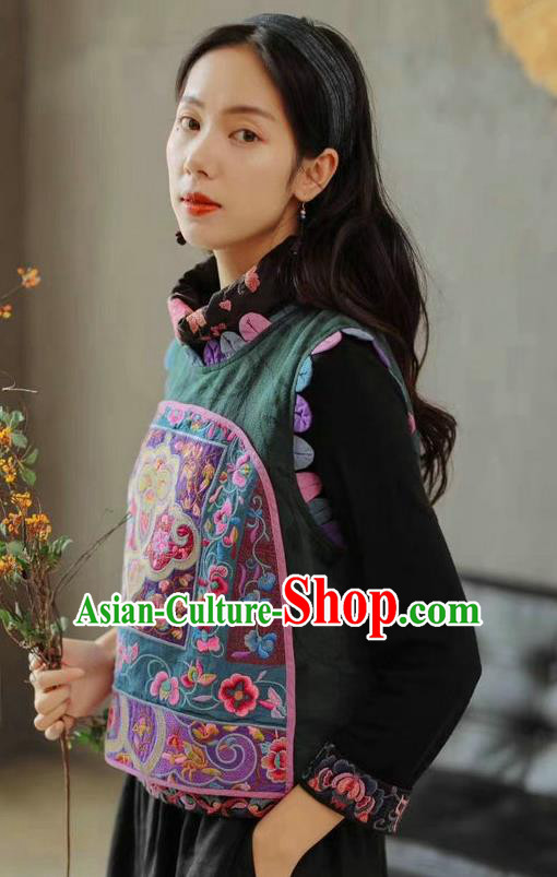 China Traditional Tang Suit Green Flax Vest Upper Outer Garment Clothing National Women Embroidered Waistcoat