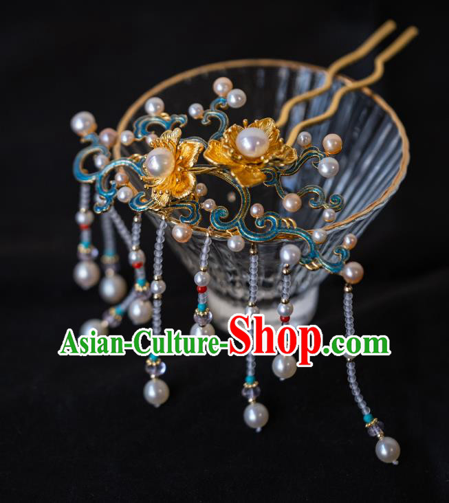 Handmade China Ancient Princess Beads Tassel Hairpin Ming Dynasty Court Lady Enamel Hair Accessories