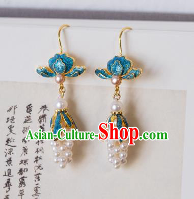 China Imperial Palace Enamel Ear Jewelry Traditional Qing Dynasty Court Women Pearls Grape Earrings