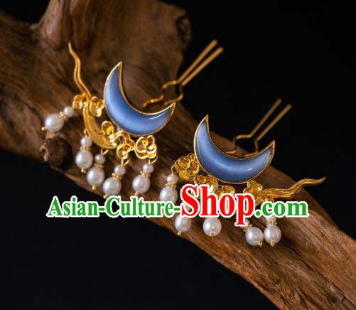 China Ancient Hair Claws Ming Dynasty Blue Opal Moon Hair Accessories Palace Empress Gilding Hairpins