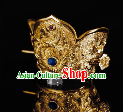 China Tang Dynasty Female Swordsman Hair Stick Ancient Peony Hair Accessories Traditional Gilding Hair Crown