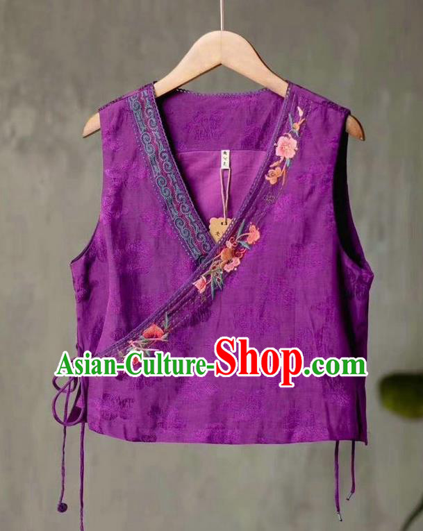 China Tang Suit Purple Flax Vest Traditional Clothing National Women Embroidered Waistcoat