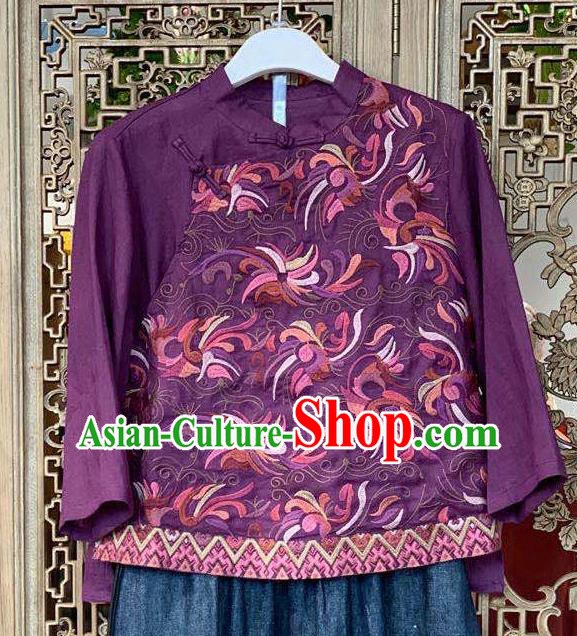 China National Embroidered Purple Shirt Tang Suit Costume Traditional Women Flax Blouse