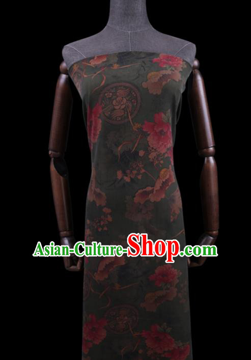 Chinese Classical Lotus Pattern Deep Green Silk Drapery Asian Traditional Cheongsam Cloth Watered Gauze Fabric