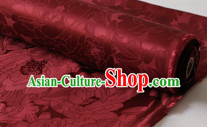 Chinese Traditional Purplish Red Silk Drapery Cheongsam Cloth Classical Royal Peony Pattern Satin Fabric