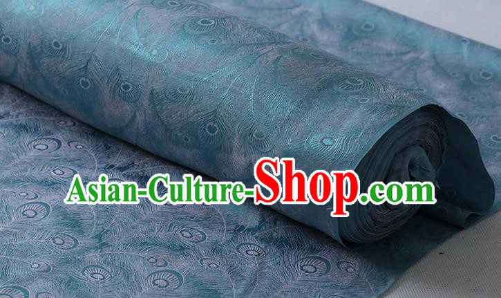 Chinese Silk Fabric Classical Phoenix Feather Pattern Cheongsam Jacquard Cloth Traditional Blue Silk Drapery
