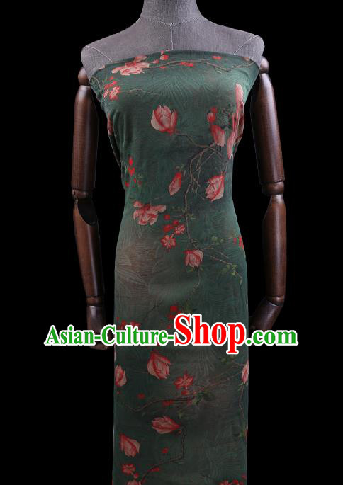 Chinese Classical Mangnolia Pattern Green Gambiered Guangdong Gauze Traditional Cheongsam Silk Fabric