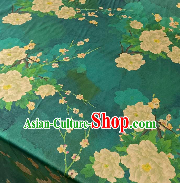 Chinese Traditional Green Watered Gauze Fabric Cheongsam Classical Peony Pear Blossom Pattern Gambiered Guangdong Silk