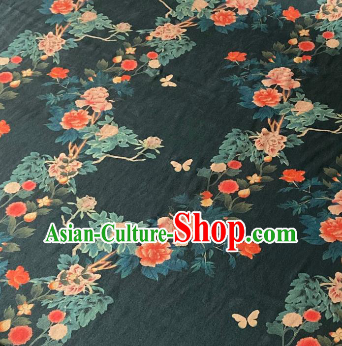 Chinese Traditional Atrovirens Watered Gauze Fabric Cheongsam Classical Rose Pattern Deep Green Gambiered Guangdong Silk