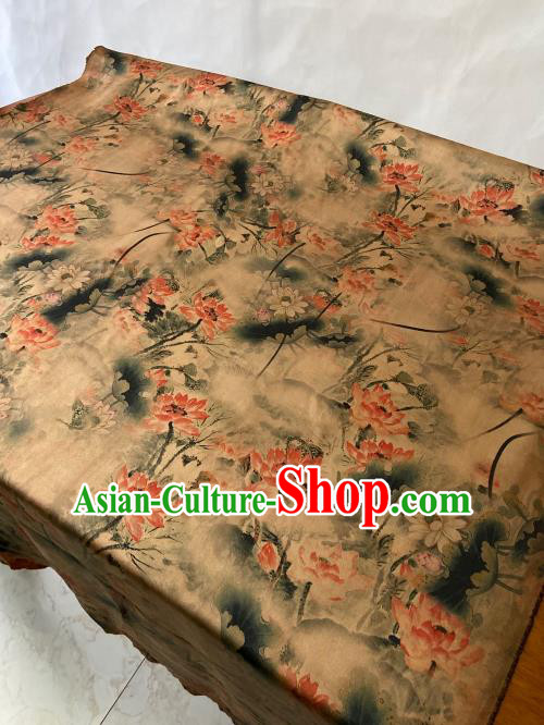 Chinese Classical Lotus Pattern Gambiered Guangdong Silk Traditional Watered Gauze Cheongsam Yellow Satin Fabric