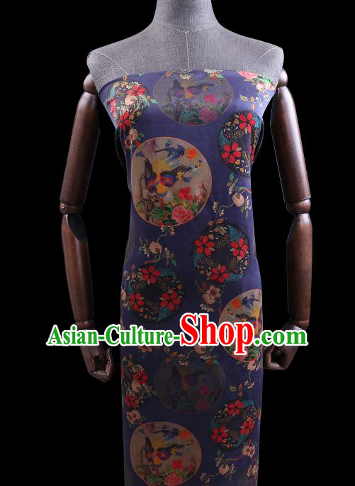 Chinese Traditional Satin Cloth Gambiered Guangdong Gauze Cheongsam Fabric Classical Flowers Bird Pattern Navy Blue Silk Drapery