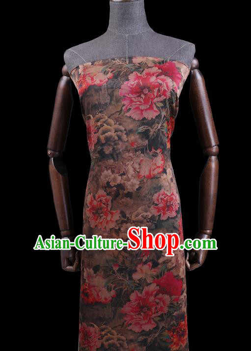 Chinese Brown Silk Drapery Classical Peony Pattern Satin Fabric Cheongsam Damask Traditional Gambiered Guangdong Gauze Cloth