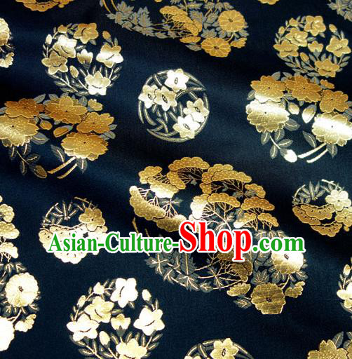 Asian Traditional Sakura Pine Pattern Design Brocade Japanese Kimono Fabric Nishijin Navy Tapestry Satin