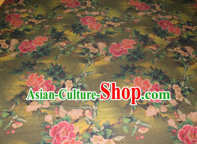 Chinese Classical Peach Blossom Peony Pattern Silk Drapery Traditional Gambiered Guangdong Gauze Cheongsam Green Satin Fabric