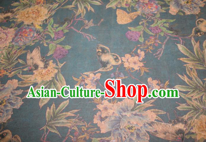 Chinese Classical Butterfly Peony Pattern Silk Drapery Traditional Gambiered Guangdong Gauze Cheongsam Navy Satin Fabric