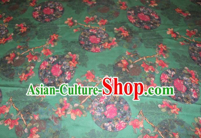 Chinese Traditional Green Gambiered Guangdong Gauze Cheongsam Satin Fabric Classical Rose Flowers Pattern Silk Drapery
