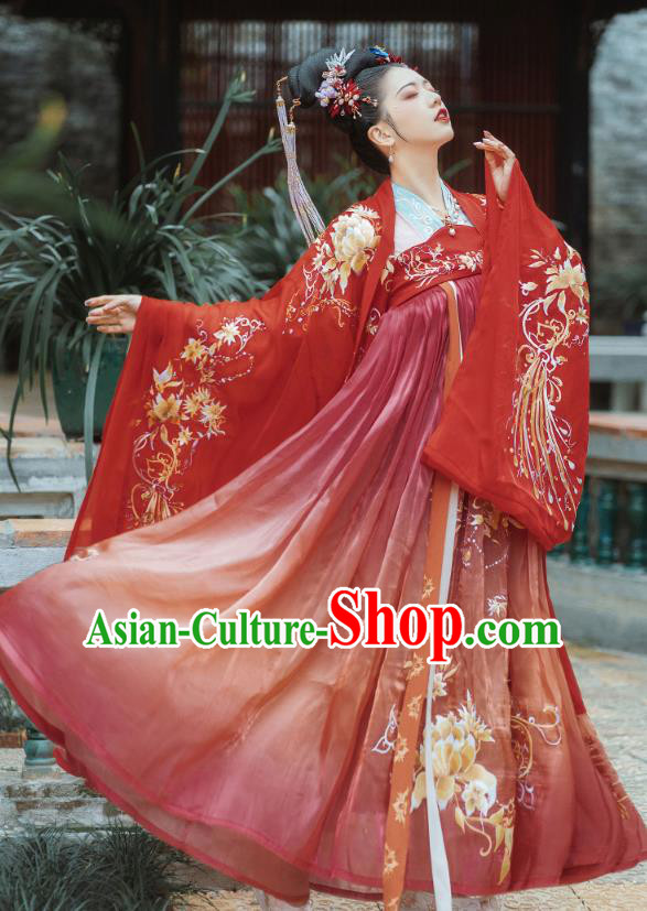 China Ancient Tang Dynasty Palace Lady Costumes Traditional Red Hanfu Dress Embroidered Classical Dance Clothing