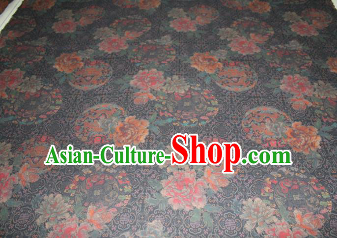 Chinese Traditional Cheongsam Satin Fabric Gambiered Guangdong Gauze Classical Peony Dragon Pattern Black Silk Drapery