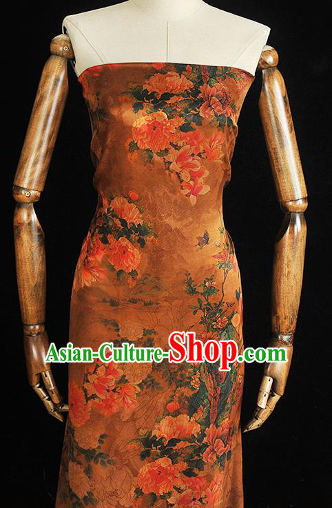 Chinese Classical Peony Pattern Silk Jacquard Drapery Traditional Gambiered Guangdong Gauze Cheongsam Ginger Satin Fabric