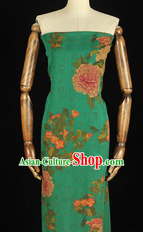 Chinese Traditional Green Silk Fabric Classical Peony Pattern Gambiered Guangdong Gauze Cheongsam Cloth