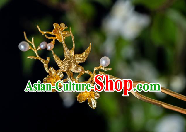 China Traditional Ming Dynasty Flower Bird Tassel Hairpin Ancient Court Lady Gilding Hair Stick Hair Accessories