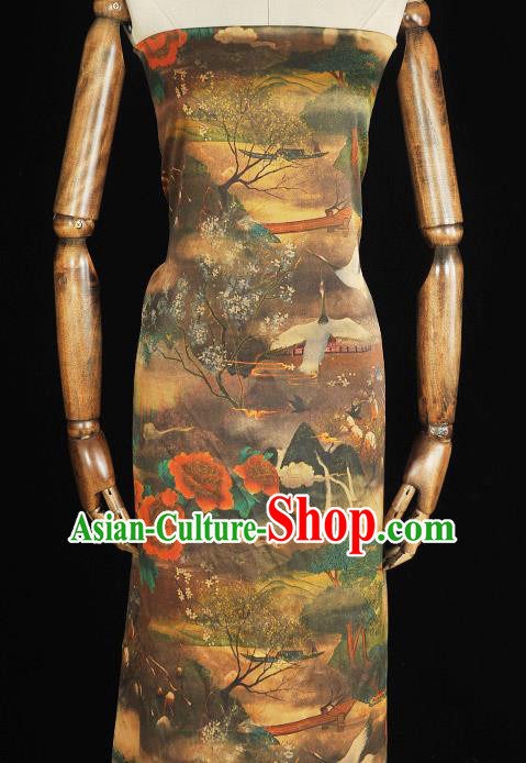 Chinese Classical Crane Peony Pattern Silk Fabric Jacquard Material Traditional Cheongsam Brown Gambiered Guangdong Gauze