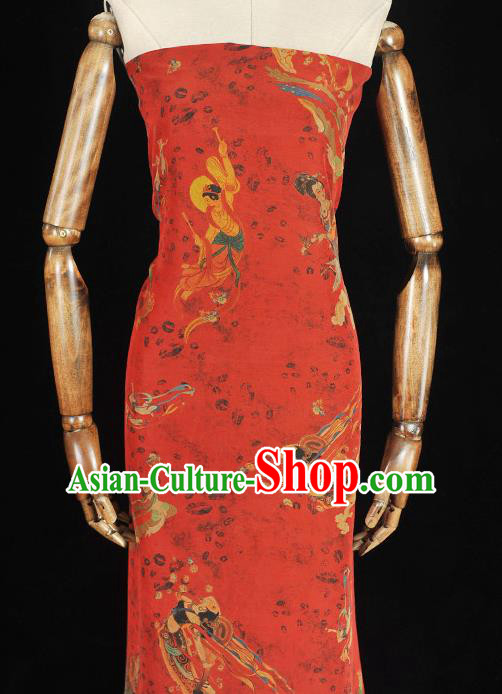 Chinese Traditional Cheongsam Silk Cloth Red Gambiered Guangdong Gauze Material Classical Goddess Pattern Silk Fabric