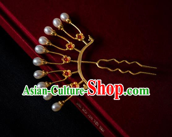 China Traditional Hanfu Hairpin Ancient Tang Dynasty Gilding Hair Comb Pearls Hair Accessories