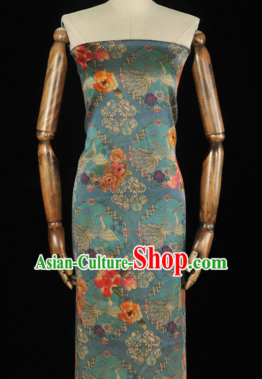 Top Chinese Classical Crane Peony Pattern Silk Material Cheongsam Gambiered Guangdong Gauze Traditional Cloth Blue Satin Fabric