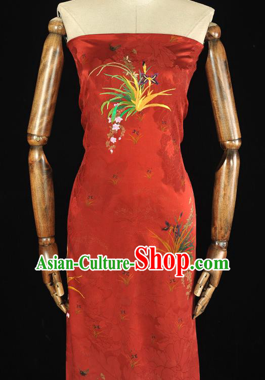 Top Chinese Classical Embroidered Orchids Pattern Silk Material Cheongsam Gambiered Guangdong Gauze Traditional Cloth Red Satin Fabric