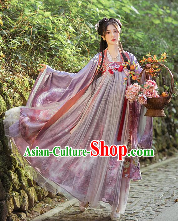 Traditional China Tang Dynasty Princess Historical Clothing Ancient Noble Lady Lilac Hanfu Dress