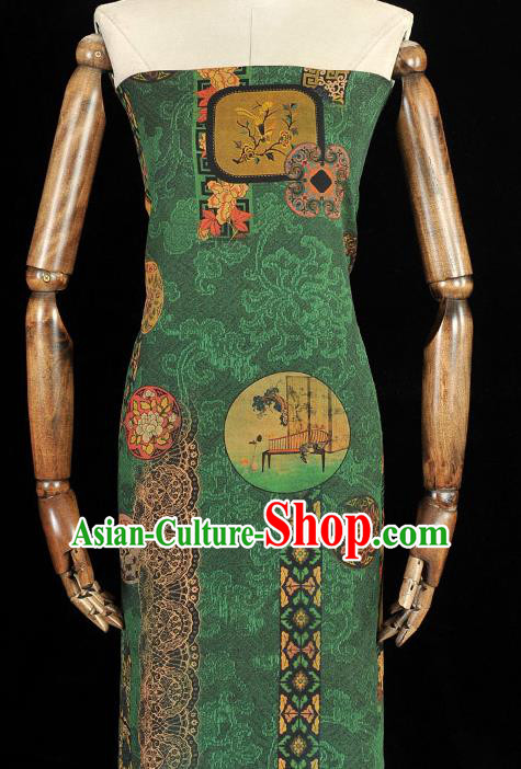 Chinese Traditional Classical Folding Screen Pattern Gambiered Guangdong Gauze Silk Fabric Cheongsam Green Cloth Material