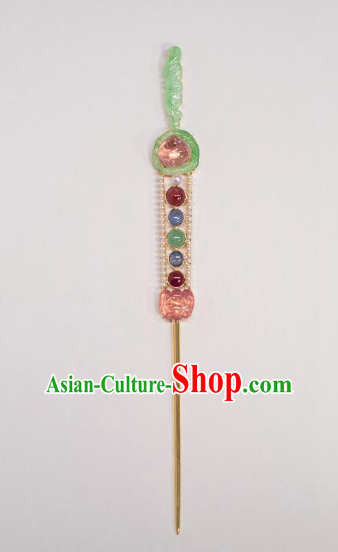 China Ancient Imperial Concubine Gems Hairpin Qing Dynasty Court Hair Accessories Traditional Jade Bat Hair Stick
