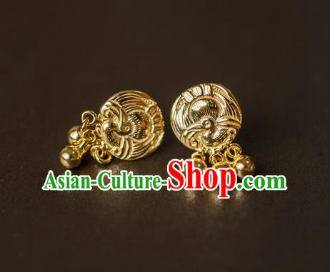 China Ancient Princess Golden Carving Crane Ear Jewelry Accessories Traditional Tang Dynasty Empress Earrings
