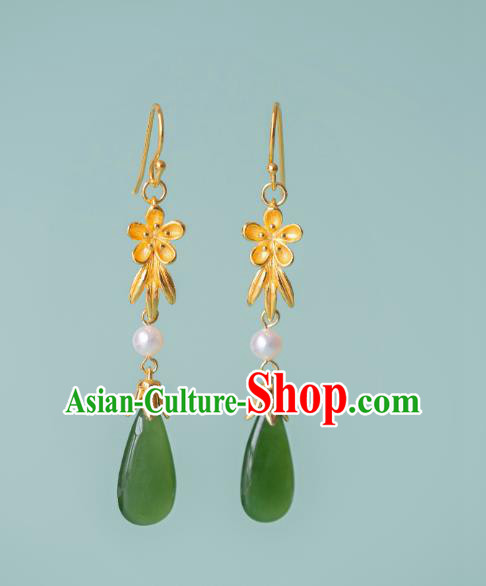 China Traditional Ming Dynasty Jade Earrings Ancient Court Lady Gilding Plum Ear Jewelry