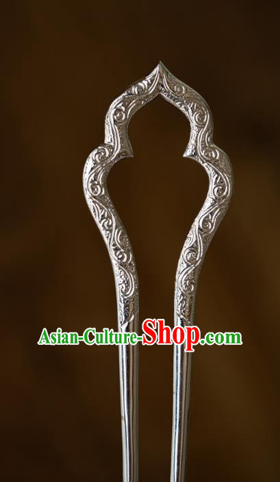 China Ancient Imperial Concubine Argent Hairpin Court Hair Accessories Traditional Tang Dynasty Carving Hair Stick