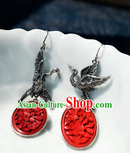 China Handmade Carved Lacquerware Ear Accessories National Earrings Traditional Silver Crane Jewelry