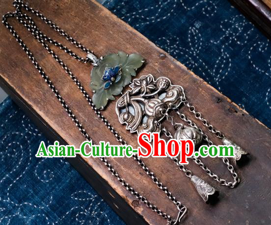 Handmade China Jade Lotus Accessories Traditional Silver Carving Necklace Pendant National Women Jewelry