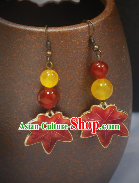 Handmade Chinese Traditional Earrings Red Maple Leaf Ear Accessories