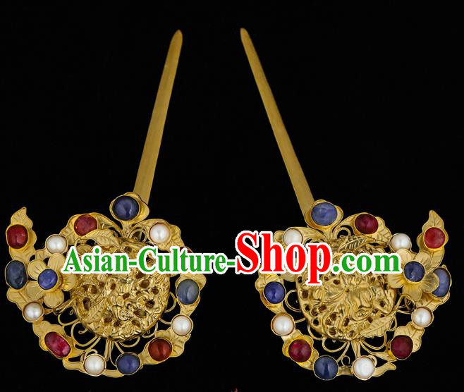 China Traditional Hair Accessories Handmade Ming Dynasty Court Hair Clips Ancient Queen Gems Golden Hairpin for Women