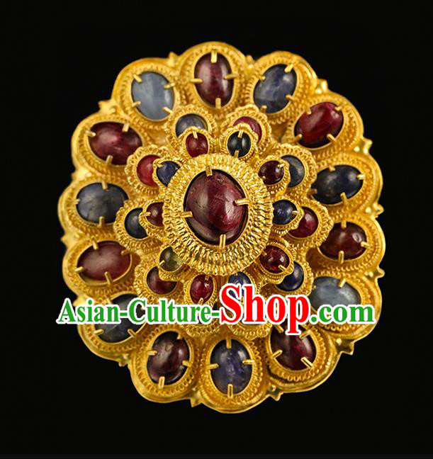China Traditional Ming Dynasty Hair Crown Handmade Hair Accessories Ancient Empress Golden Gems Hairpin for Women