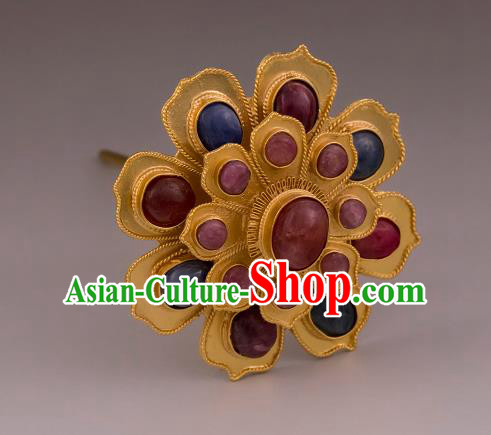 China Ancient Hanfu Gems Hair Stick Handmade Hair Accessories Traditional Ming Dynasty Court Empress Golden Hairpin