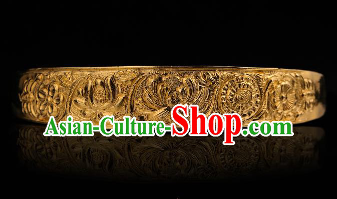 China Ancient Empress Hanfu Golden Hairpin Handmade Hair Accessories Traditional Ming Dynasty Court Carving Lotus Hair Crown