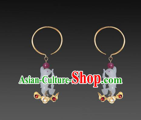 Handmade Chinese Qing Dynasty Jade Rabbit Ear Accessories Traditional Ancient Empress Golden Cloud Earrings Jewelry