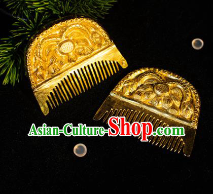 China Ancient Hanfu Carving Lotus Hair Comb Handmade Hair Accessories Traditional Tang Dynasty Court Hairpin