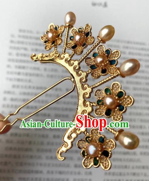 China Ancient Hanfu Hairpin Handmade Hair Accessories Traditional Ming Dynasty Princess Pearls Plum Hair Stick
