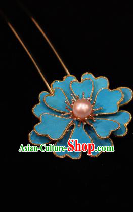 China Ancient Princess Pearl Hairpin Handmade Hair Accessories Traditional Ming Dynasty Imperial Consort Blue Peony Hair Stick