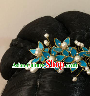 China Ancient Court Lady Blue Flowers Hairpin Handmade Hair Accessories Traditional Ming Dynasty Princess Hair Stick